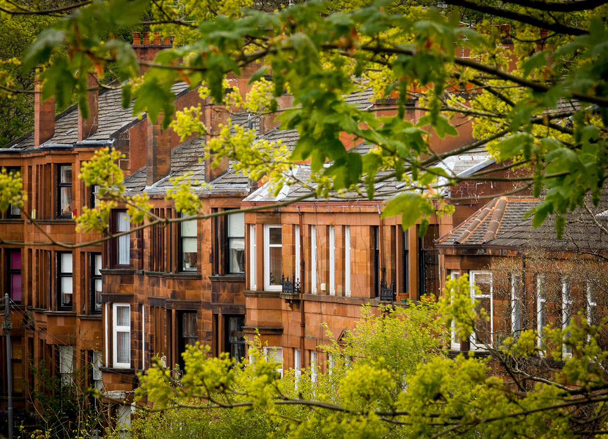 Row of Red Sandstone Tenement Flats Southside of Glasgow, Scotland, UK