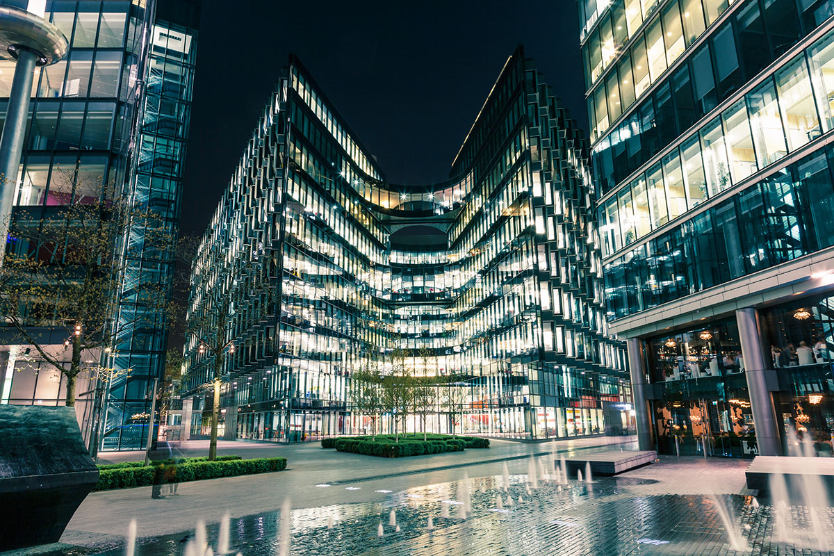 Modern architectual blidings at night on Riverbank in London